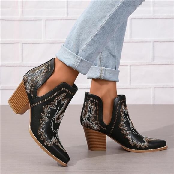 New Boho Embroidered Cowgirl Booties - Western Ankle Boots, Cutout Detailing - Picture 5 of 6